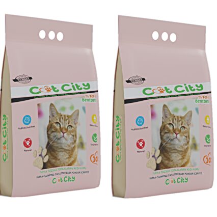 Cat City Ekstra Parfümlü Bentonit Topaklanan Kedi Kumu 10 Lt Bebek Pudralı ( 2 Adet )