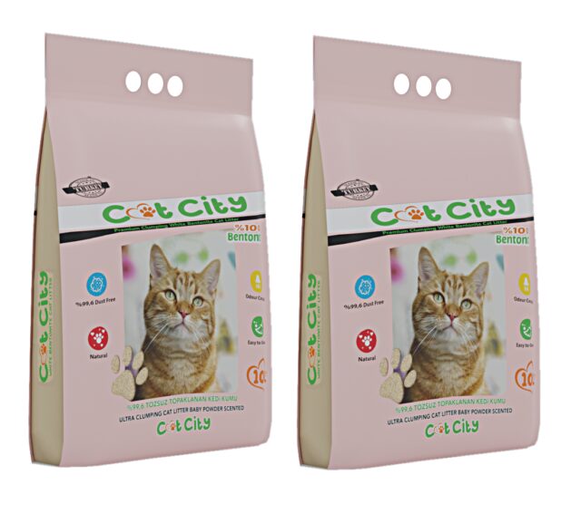 Cat City Ekstra Parfümlü Bentonit Topaklanan Kedi Kumu 10 Lt Bebek Pudralı ( 2 Adet )